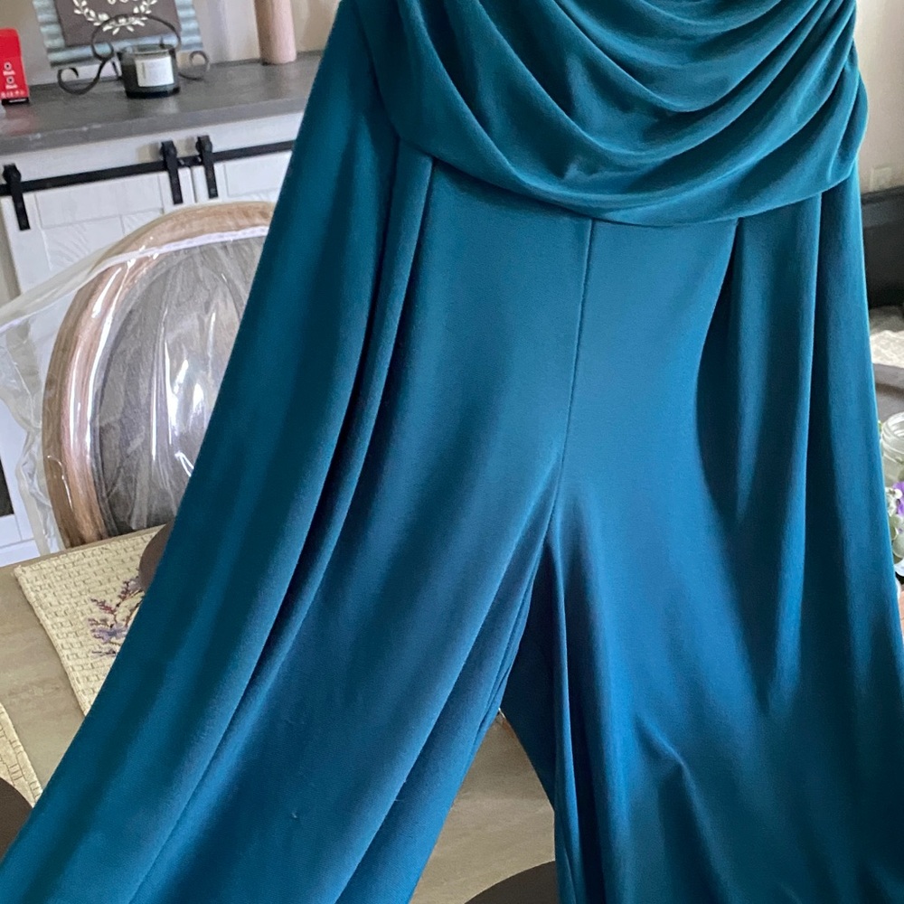 R&M Richards Teal Formal Jumpsuit with Embellished Straps. - Picture 5 of 5